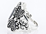 Pre-Owned Mosaic Abalone Shell Sterling Silver Dragonflies Ring