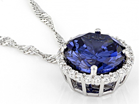 Pre-Owned Blue And White Cubic Zirconia Rhodium Over Silver Pendant With Chain 6.70ctw