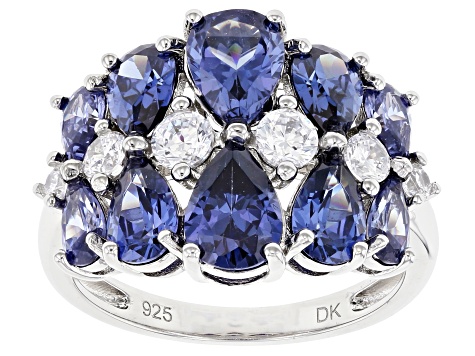 Pre-Owned Blue And White Cubic Zirconia Rhodium Over Sterling Silver Ring 7.24ctw