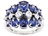 Pre-Owned Blue And White Cubic Zirconia Rhodium Over Sterling Silver Ring 7.24ctw
