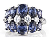 Pre-Owned Blue And White Cubic Zirconia Rhodium Over Sterling Silver Ring 7.24ctw