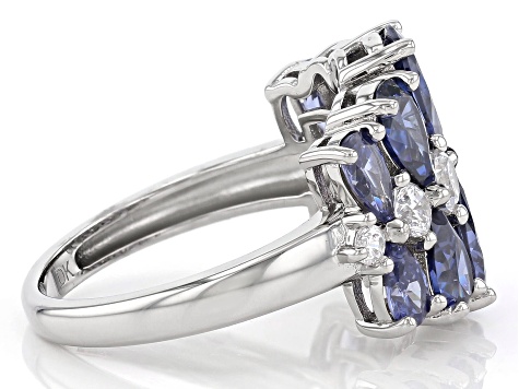 Pre-Owned Blue And White Cubic Zirconia Rhodium Over Sterling Silver Ring 7.24ctw