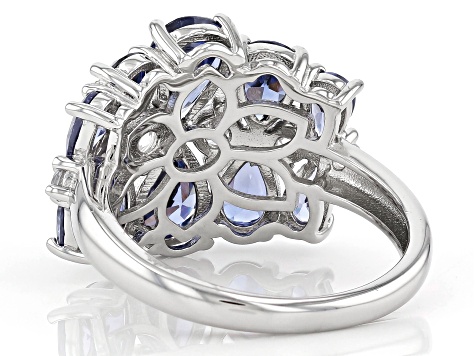 Pre-Owned Blue And White Cubic Zirconia Rhodium Over Sterling Silver Ring 7.24ctw