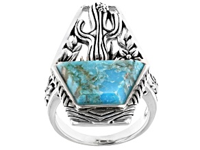 Pre-Owned Custom Shape Blue Turquoise Rhodium Over Silver Cactus Ring