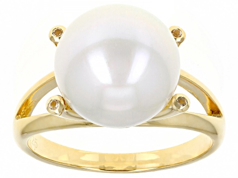 Pre-Owned White Cultured Freshwater Pearl & White Topaz 18k Yellow Gold Over Sterling Silver Ring