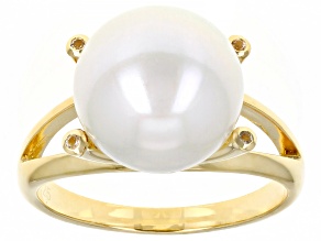 Pre-Owned White Cultured Freshwater Pearl & White Topaz 18k Yellow Gold Over Sterling Silver Ring