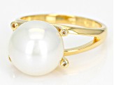 Pre-Owned White Cultured Freshwater Pearl & White Topaz 18k Yellow Gold Over Sterling Silver Ring