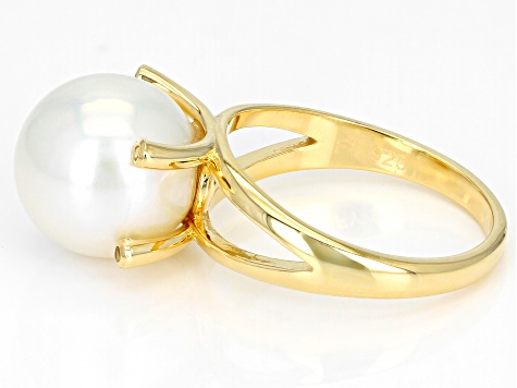 Pre-Owned White Cultured Freshwater Pearl & White Topaz 18k Yellow Gold Over Sterling Silver Ring