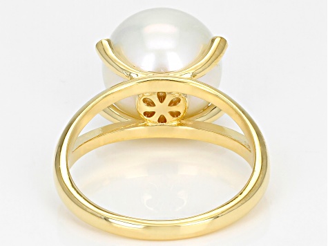 Pre-Owned White Cultured Freshwater Pearl & White Topaz 18k Yellow Gold Over Sterling Silver Ring