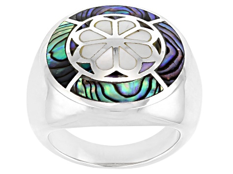 Pre-Owned Mosaic Abalone Shell & Mother-Of-Pearl Rhodium Over Sterling Silver Ring