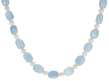 Picture of Pre-Owned White Cultured Freshwater Pearl & Aquamarine Rhodium Over Sterling Silver 20 Inch Necklace
