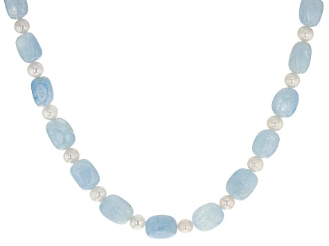 Pre-Owned White Cultured Freshwater Pearl & Aquamarine Rhodium Over Sterling Silver 20 Inch Necklace