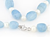 Pre-Owned White Cultured Freshwater Pearl & Aquamarine Rhodium Over Sterling Silver 20 Inch Necklace