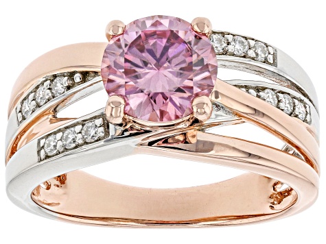 Pre-Owned Pink and colorless moissanite 14k rose gold and  platineve over silver two tone ring 1.62c