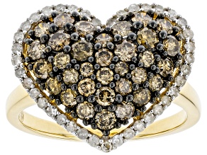 Pre-Owned Champagne And White Diamond 10k Yellow Gold Cluster Heart Ring 1.55ctw