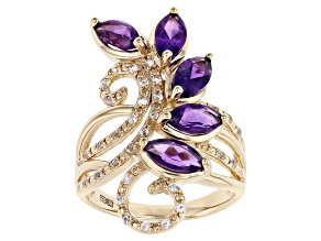 Pre-Owned Purple African Amethyst With Round Lab White Sapphire 18k Yellow Gold Over Silver Ring 2.4