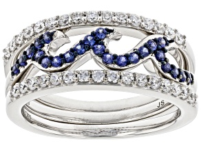 Pre-Owned Blue Lab Sapphire And White Cubic Zirconia Rhodium Over Sterling Silver Wave Ring Set 0.95
