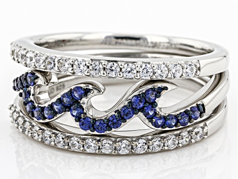 Pre-Owned Blue Lab Sapphire And White Cubic Zirconia Rhodium Over Sterling Silver Wave Ring Set 0.95