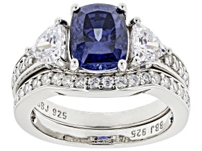 Pre-Owned Blue And White Cubic Zirconia Platinum Over Sterling Silver 2 Ring Set 4.26ctw