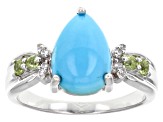 Pre-Owned Sleeping Beauty Turquoise, Peridot & White Zircon Rhodium Over Silver Ring .19ctw