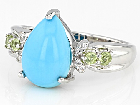 Pre-Owned Sleeping Beauty Turquoise, Peridot & White Zircon Rhodium Over Silver Ring .19ctw