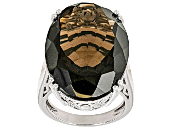 Picture of Pre-Owned Brown Smoky Quartz Rhodium Over Sterling Silver Solitaire Ring 21.25ct