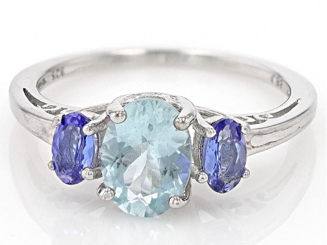Pre-Owned Blue Aquamarine Rhodium Over Sterling Silver 3-Stone Ring 1.24ctw