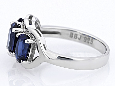 Pre-Owned Blue Lab Created Sapphire Rhodium Over Sterling Silver 3-Stone Ring 4.25ctw