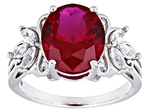 Pre-Owned Red Lab Created Ruby Rhodium Over Sterling Silver Ring 5.07ctw