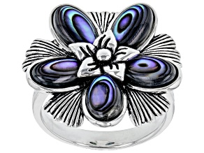 Pre-Owned Abalone Rhodium Over Silver Flower Ring