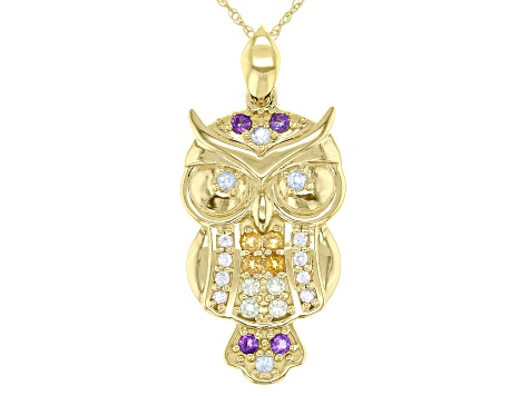 Pre-Owned Multi Stone Multi Color 10K Yellow Gold Owl Pendant With Chain 0.29ctw