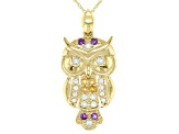 Pre-Owned Multi Stone Multi Color 10K Yellow Gold Owl Pendant With Chain 0.29ctw