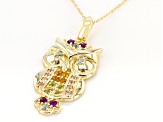 Pre-Owned Multi Stone Multi Color 10K Yellow Gold Owl Pendant With Chain 0.29ctw