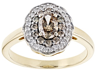 Pre-Owned Champagne And White Diamond 10k Yellow Gold Halo Ring 0.75ctw