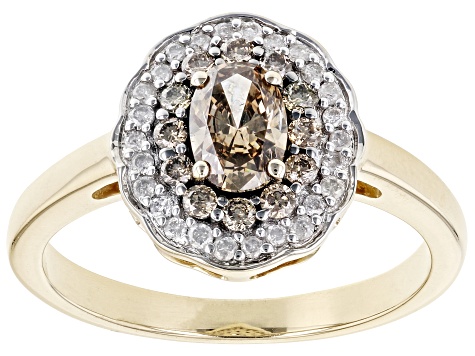 Pre-Owned Champagne And White Diamond 10k Yellow Gold Halo Ring 0.75ctw