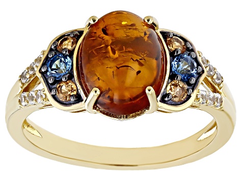 Pre-Owned Orange Amber 18k Yellow Gold Over Sterling Silver Ring 0.43ctw