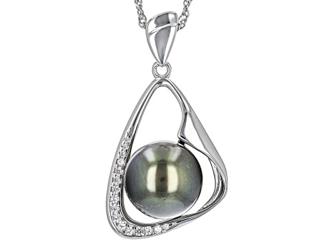 Pre-Owned Cultured Tahitian Pearl & White Zircon Rhodium Over Sterling Silver Pendant With Chain