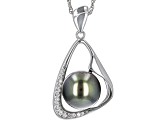 Pre-Owned Cultured Tahitian Pearl & White Zircon Rhodium Over Sterling Silver Pendant With Chain
