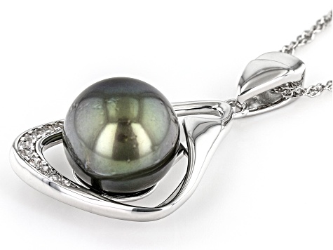 Pre-Owned Cultured Tahitian Pearl & White Zircon Rhodium Over Sterling Silver Pendant With Chain