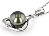 Pre-Owned Cultured Tahitian Pearl & White Zircon Rhodium Over Sterling Silver Pendant With Chain