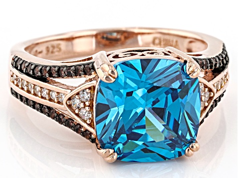 Pre-Owned Blue, Mocha And White Cubic Zirconia 18k Rose Gold Over Sterling Silver Ring 6.54ctw