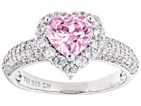 Pre-Owned Pink And White Cubic Zirconia Rhodium Over Sterling Silver Heart Ring 3.55ctw