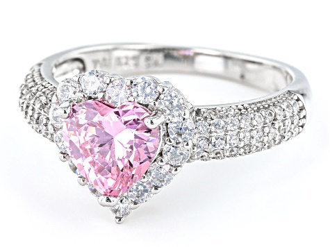 Pre-Owned Pink And White Cubic Zirconia Rhodium Over Sterling Silver Heart Ring 3.55ctw