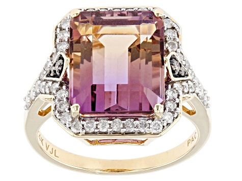 Pre-Owned Emerald Cut Bi-Color Ametrine, White, And Champagne Diamond 14k Yellow Gold Ring 5.43ctw