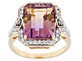 Pre-Owned Emerald Cut Bi-Color Ametrine, White, And Champagne Diamond 14k Yellow Gold Ring 5.43ctw