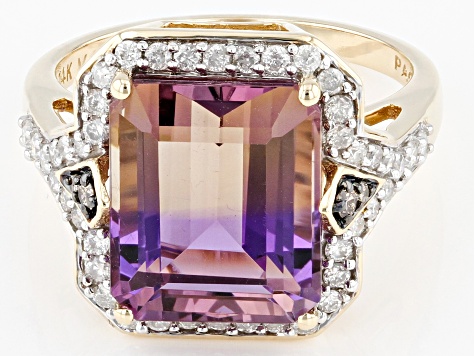 Pre-Owned Emerald Cut Bi-Color Ametrine, White, And Champagne Diamond 14k Yellow Gold Ring 5.43ctw