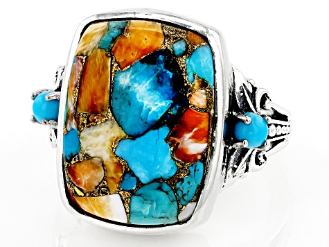 Pre-Owned Blended Orange Spiny Oyster With Blue Turquoise and Sleeping Beauty Turquoise Silver Ring
