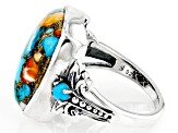 Pre-Owned Blended Orange Spiny Oyster With Blue Turquoise and Sleeping Beauty Turquoise Silver Ring