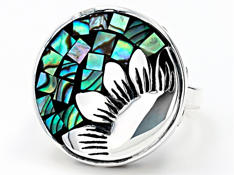 Pre-Owned Multi Color Mosaic Abalone Shell Rhodium Over Silver Sunflower Ring