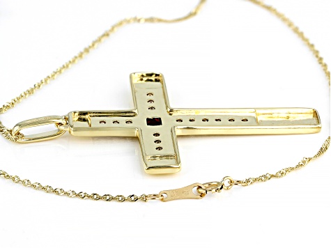 Pre-Owned Red Lab Created Ruby 10k Yellow Gold Mens Cross Pendant